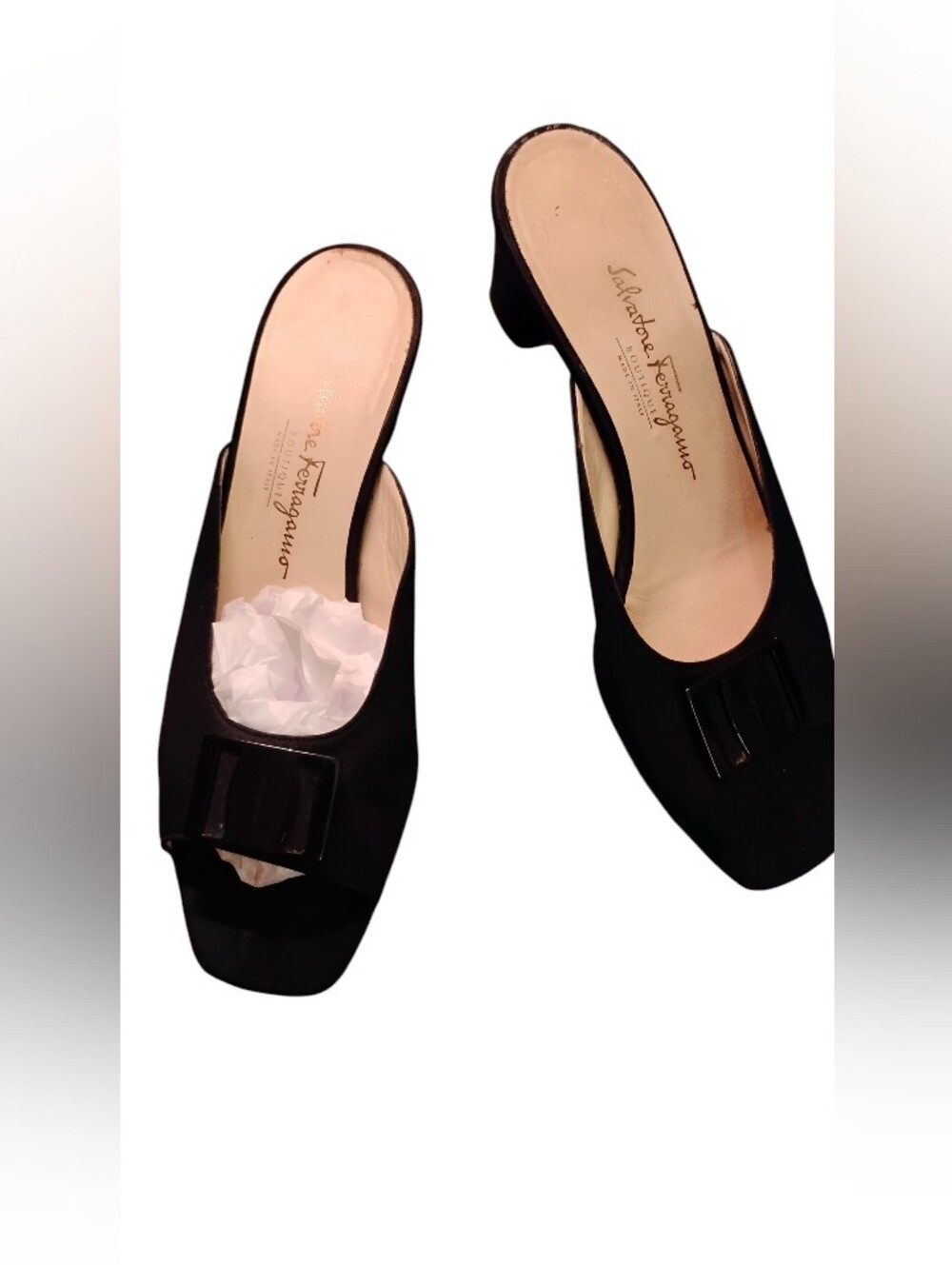 Vintage Salvatore Ferragamo Black Satin Square Toe Mules - Size 9 - Picture 3 of 6
